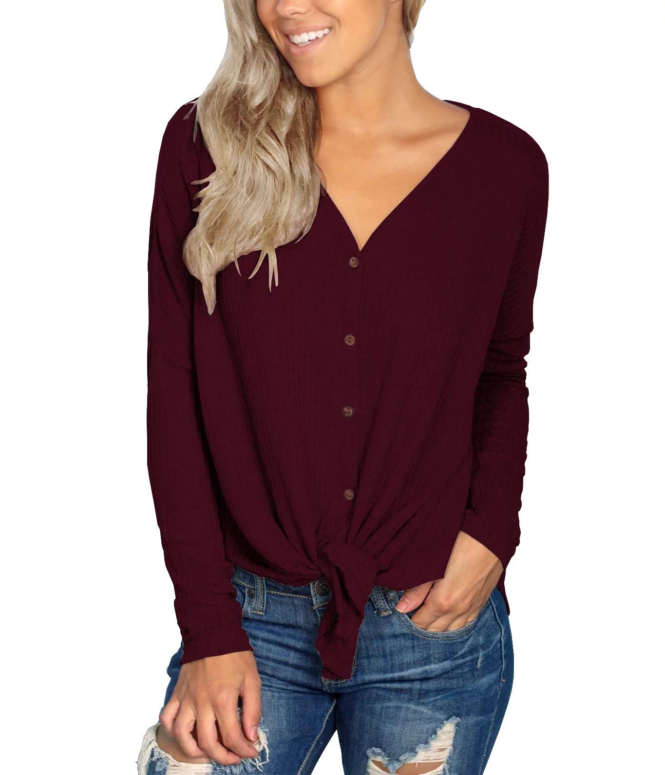 Womens Loose Blouse Long Sleeve V Neck Button down T Shirts Tie Front Knot Casual Tops Wine Red L